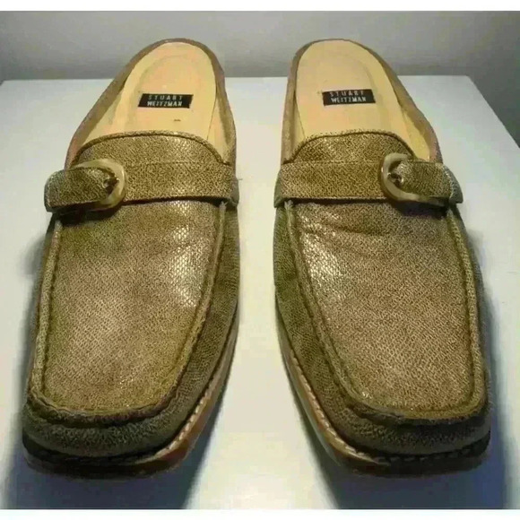 Stuart Weitzman Slide Women 7B Tan Beige Fabric Slip On Buckle Block Heel Spain - Picture 1 of 9